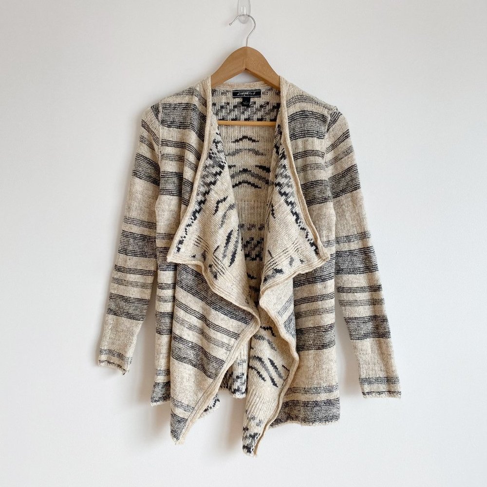 Lucky Brand NWOT Striped Drape Cardigan Sweater Open-Front, Gray/Cream, L